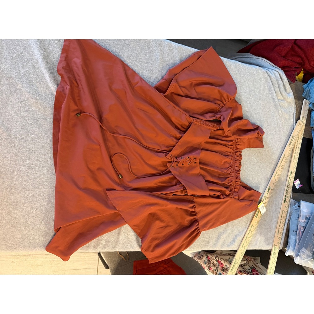 Scarlet Darkness Rust Orange Corset Blouse Victorian Bell Sleeve Smocked Top M